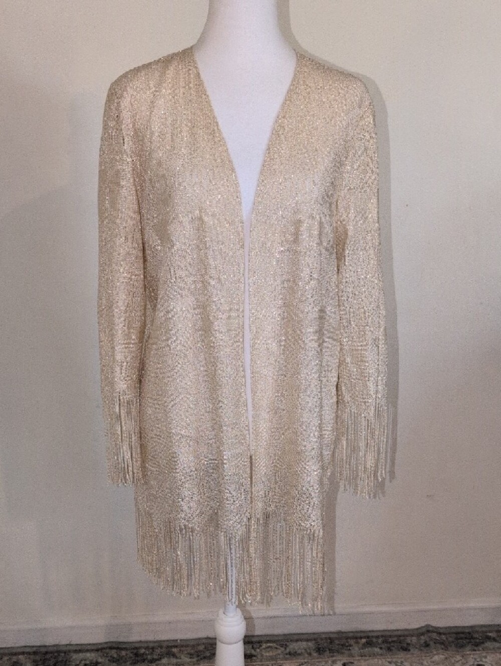 Vintage 80s Metallic Knit Dress And Cardigan Set With Fringe Detail Size 12P